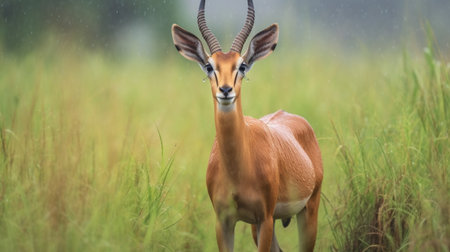 Ugandan kob, Kobus kob thomasi, rainy day in the savannah. Kob antelope in the green vegetationの素材
