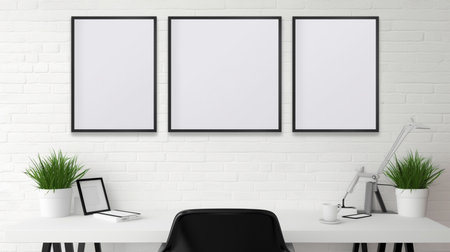 blank Photo frames hanging on wall at workplace. close up view of empty photoの素材