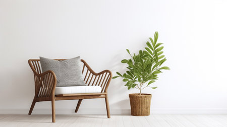 Dark, modern wicker chair in a white living room interior with a wooden bench and decorationsの素材
