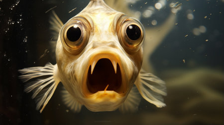 A fish with wide open mouth and big eyes in fish tank, Surprised shocked or amazed faceの素材