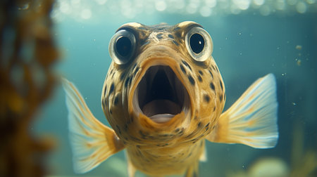 A fish with wide open mouth and big eyes in fish tank, Surprised shocked or amazed faceの素材
