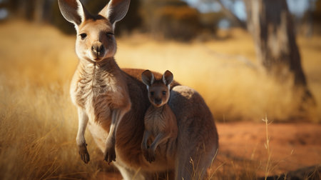 A mother kangaroo showing off her delightful joeyの素材