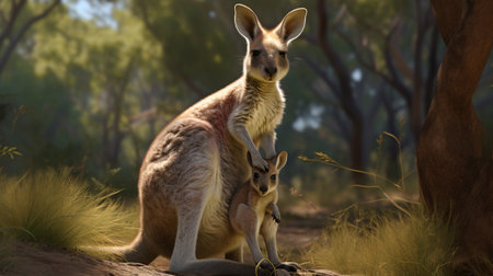 A mother kangaroo showing off her delightful joeyの素材
