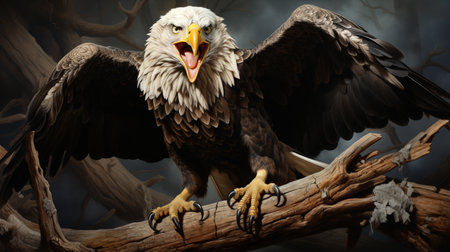 American bald eagle with wings spread and perched on branch against backgroundの素材