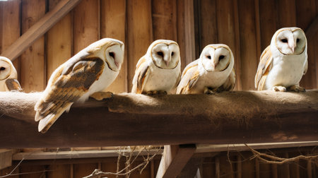 Beautiful barn owl eagle bird hide in natural rustic barns habitat. Owls wide bannerの素材