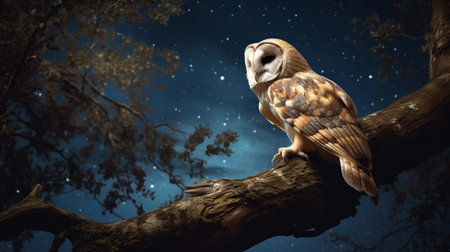 Beautiful barn owl eagle bird hide in natural habitat with starry nightの素材