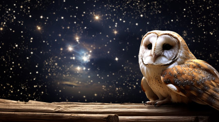 Beautiful barn owl eagle bird hide in natural rustic barns habitat with starry nightの素材