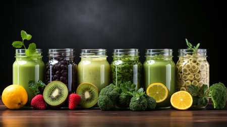 Glass jar mugs with green health smoothie, kale leaves, lime, apple, kiwi, avocado. Generative AIの素材