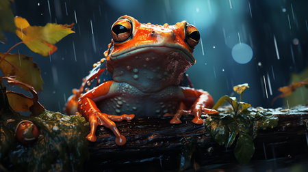 red frog, selective focus photography of frog holding leaf, rain. Generative AIの素材