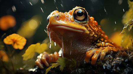 red frog, selective focus photography of frog holding leaf, rain. Generative AIの素材