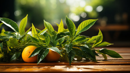 Orange fruit with green leaves on the wood. Home gardening. Mandarine oranges. Generative AIの素材