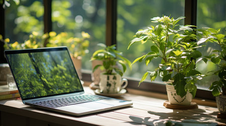 Desk of free space with green plant and window of spring time. Generative AIの素材