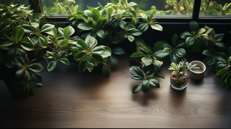 Desk of free space with green plant and window of spring time. Generative AIの素材