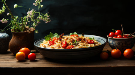 chiken noodle on the wooden bowl. Generative AIの素材