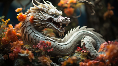 Fantasy dragon stands with glowing light blue eyes sitting on the rock. Generative AIの素材