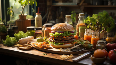 burger with tomateoes lettuce and pickles on a wooden plate and friest at the back. Generative AIの素材
