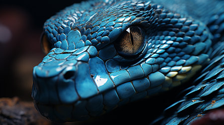 Blue viper snake closeup face. Blue viper snake closeup face head of viper snake black backgroundの素材