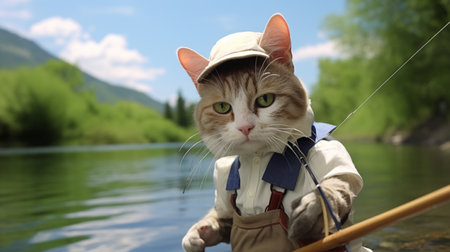 cat wearing hat and holiday uniforms, with fishing fishing rod hand river background. Generative AIの素材