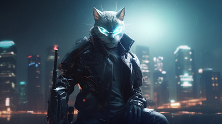 wise cat wearing cyberpunk uniforms, with futuristic weapon on hand. Generative AIの素材
