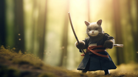mad cat wearing samurai uniforms with katana sword on hand. Generative AIの素材