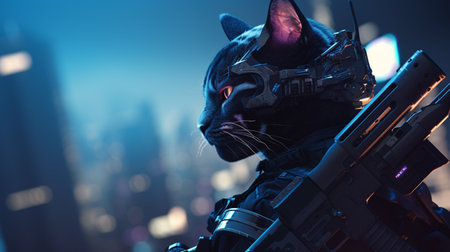 cat wearing cyberpunk uniforms, with futuristic weapon on hand. Generative AIの素材