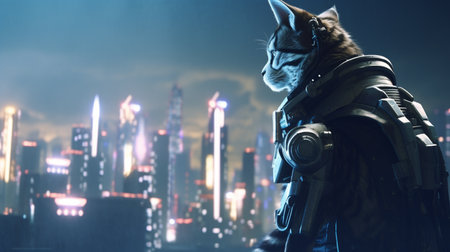 cat wearing cyberpunk uniforms, with futuristic weapon on hand. Generative AIの素材