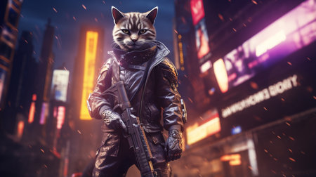 wise cat wearing cyberpunk uniforms, with futuristic weapon on hand. Generative AIの素材