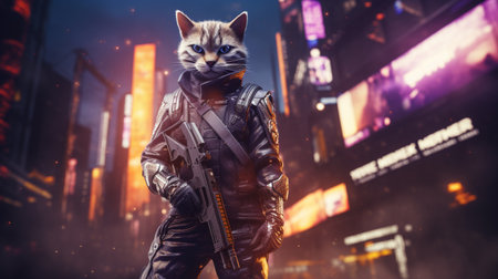 wise cat wearing cyberpunk uniforms, with futuristic weapon on hand. Generative AIの素材