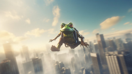 gentle green frog wearing modern thief uniforms. Generative AIの素材