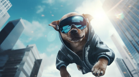 DOG wearing sunglasses and modern thief uniforms, jump from the high building. Generative AIの素材