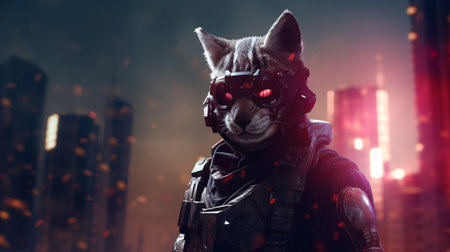 wise cat wearing cyberpunk uniforms, with futuristic weapon on hand. Generative AIの素材