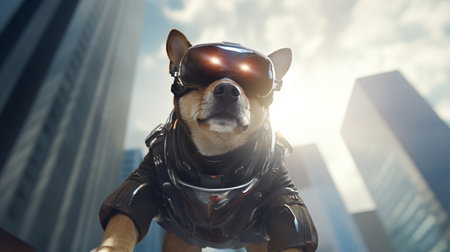 DOG wearing sunglasses and modern thief uniforms, jump from the high building. Generative AIの素材