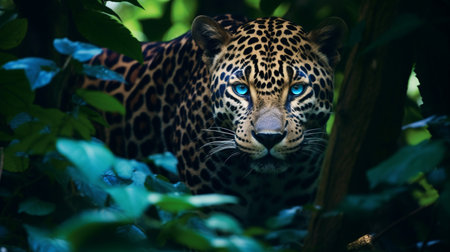 Camouflage male jaguar lurking in forest blue eyesの素材