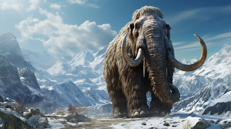 woolly mammoth, prehistoric animal in frozen ice age landscapeの素材