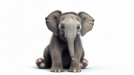 cute baby elephant sitting on white background. grey smiling elephant babyの素材