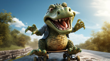 Cute Crocodile Playing Skateboardの素材