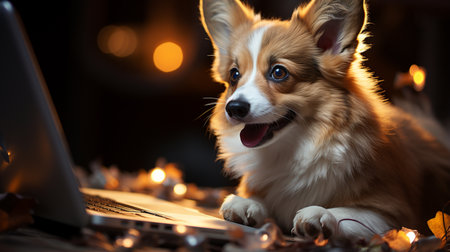 Cute corgi dog looking at laptop on pastel backgroundの素材