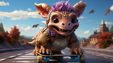 Cute Dinosaur Playing Skateboard With Glassesの素材