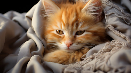 Cute little red kitten sleeps on fur white blanketの素材