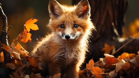 Cute Red Fox, Vulpes vulpes in fall forest. Beautiful animal in the nature habitatの素材