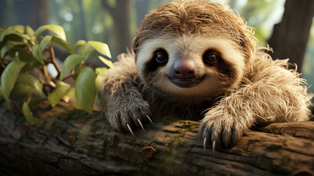 Cute sloth hanging on tree branch with funny face lookの素材