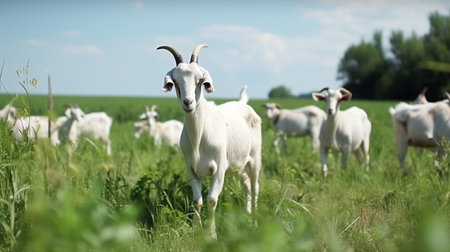 Domestic goats graze in the field in summerの素材