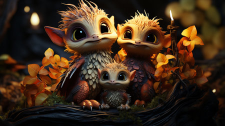 Dragon family is sleeping in a nest. Baby dragons and their parents in the forestの素材