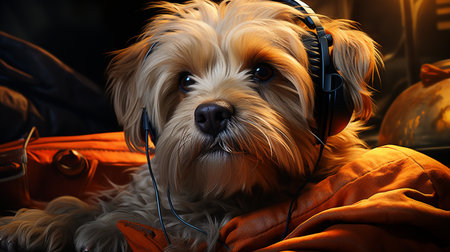 Cute dog listening to music with headphonesの素材