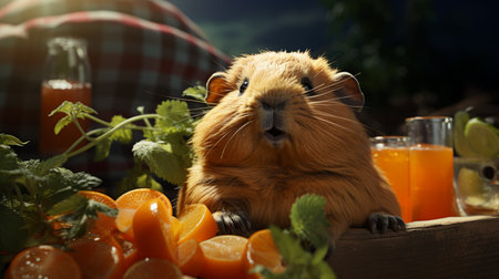 Funny fat guinea pig with a carrot in summerの素材