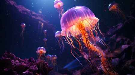 Glowing jellyfish swim deep in blue sea. Medusa neon jellyfish fantasy in space cosmos among starsの素材
