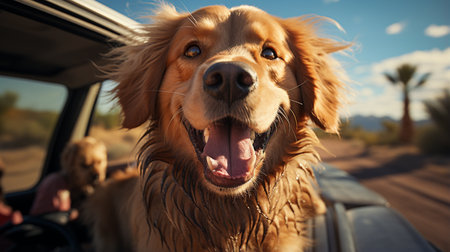 Golden Retriever Dog on a road tripの素材