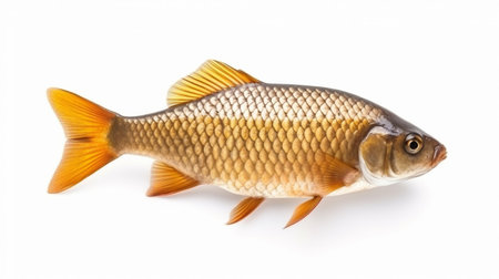 Isolated crucian carp, a kind of fish from the side. Live fish with flowing fins. River fishの素材