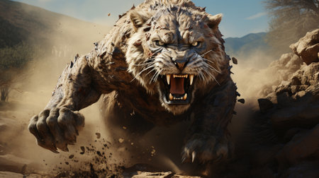 Kicking up a spray of dirt, a massive smilodonの素材