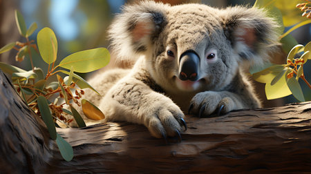 koala resting and sleeping on his tree with a cute smileの素材